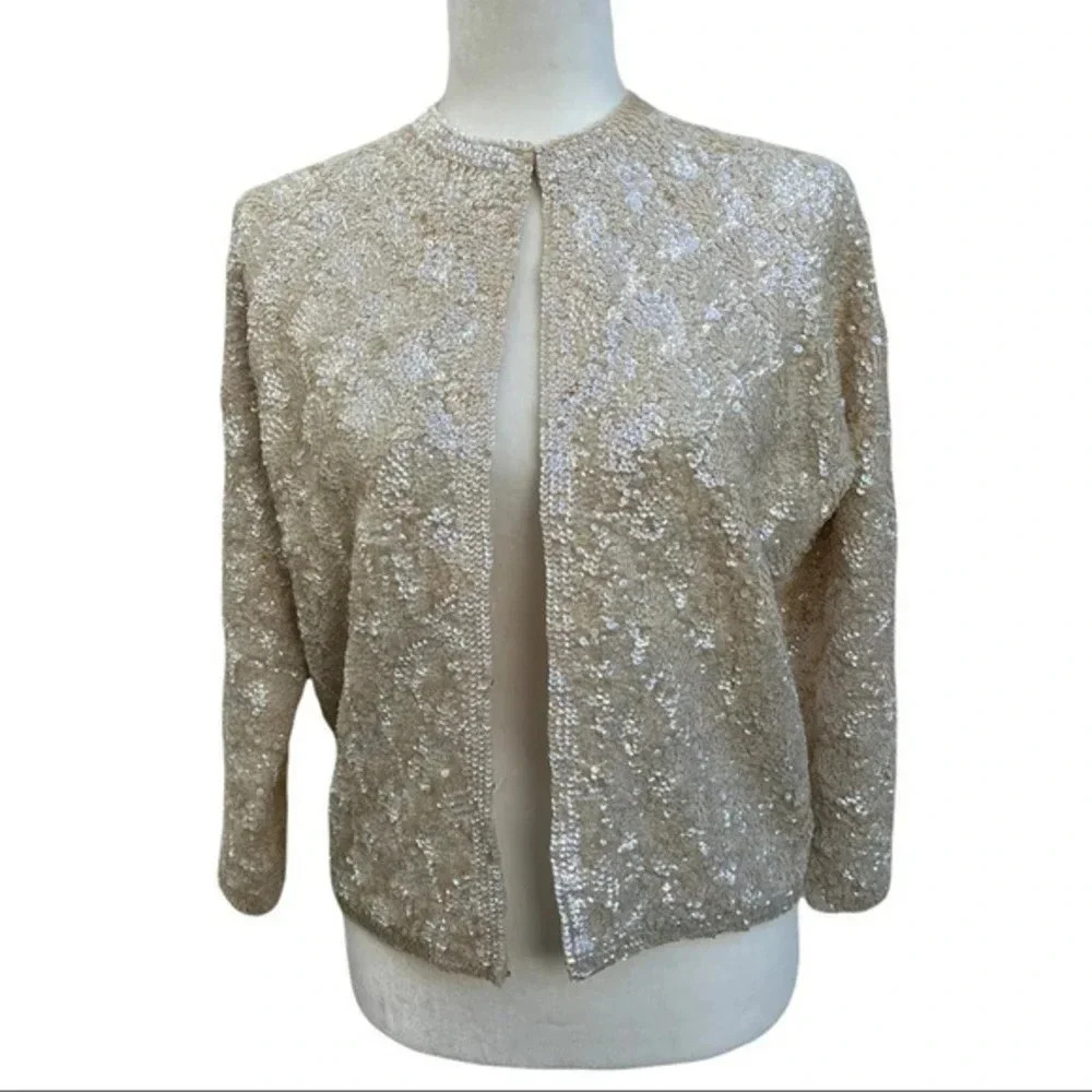 Vintage Sweater Cream Ivory Wool Elegant Cardigan Iridescent Sequins Size 38